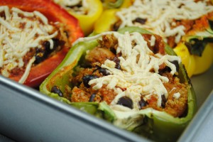 Enchilada Stuffed Peppers with Quinoa and Soy Curls